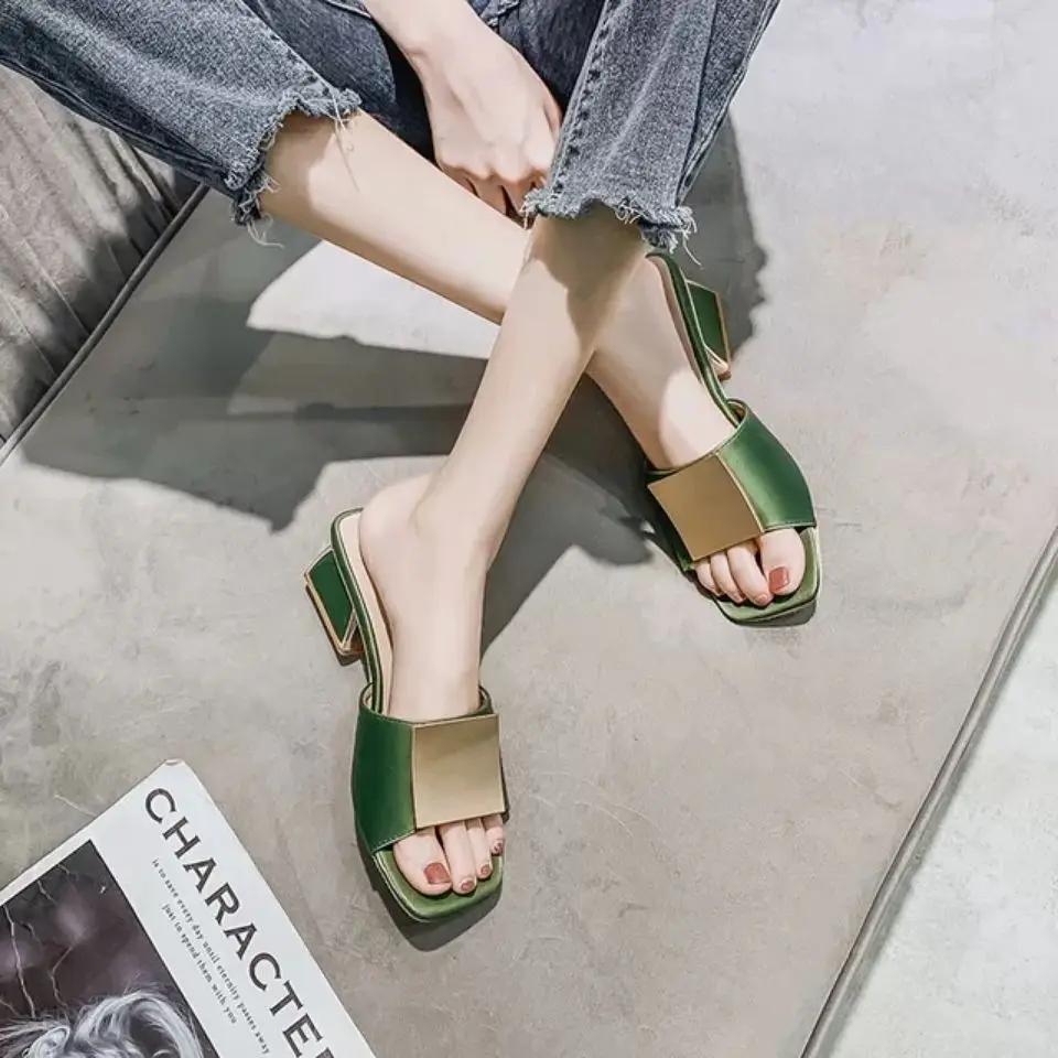 Fashion Outside Square Toe Shoes for Women Chic and Elegant Woman Slippers Small Size Korea Style Sandals Vip On Offer Stylish 39 Slides