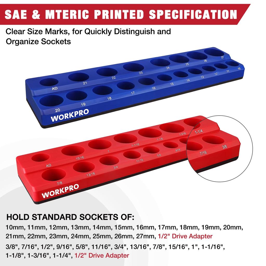 WORKPRO Magnetic Socket Organizer SAE Metric Magnetic Socket Set for Tool Boxes and Tool Holds 35 Standard Sockets Not 1/2-Inch Set, & Holder, 2-Piece