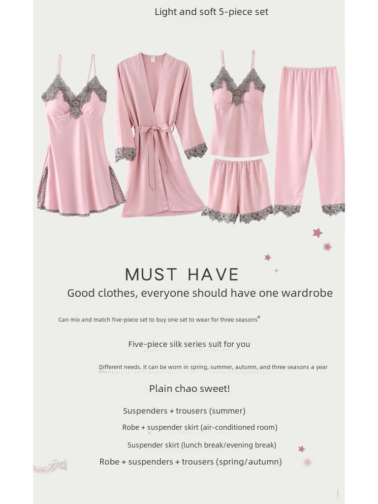 Frühlings-/Sommer Damen Seidig Weiches Pyjama-Set: Sling, Nachthemd, 5-teilige Homewear