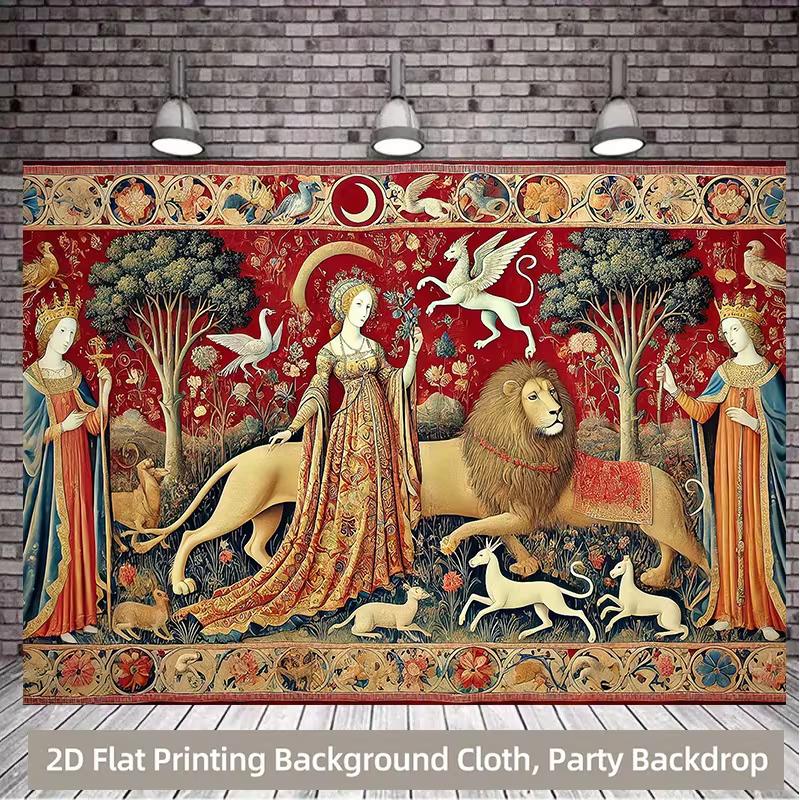 2D Gothic Medieval Tapestry Backdrop Lady, Lion & Heraldic Animals Party Background 47.2x31.5inch/120*80cm