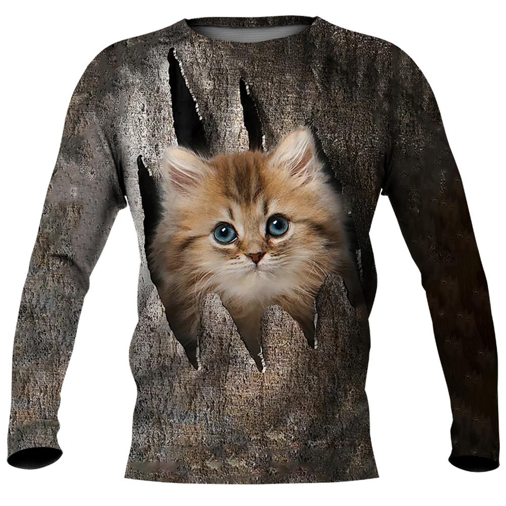 Cute Cat Print Imitation Cotton Long Sleeve Men's T-shirts Spring O-Neck Casual Loose Tee Streetwear Unisex Clothing EU Size 5XL