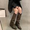 Autumn Winter Women Knee-High Boots Fashion Rivet Western Knight Booties Pointed Toe Square Heels Female Shoes