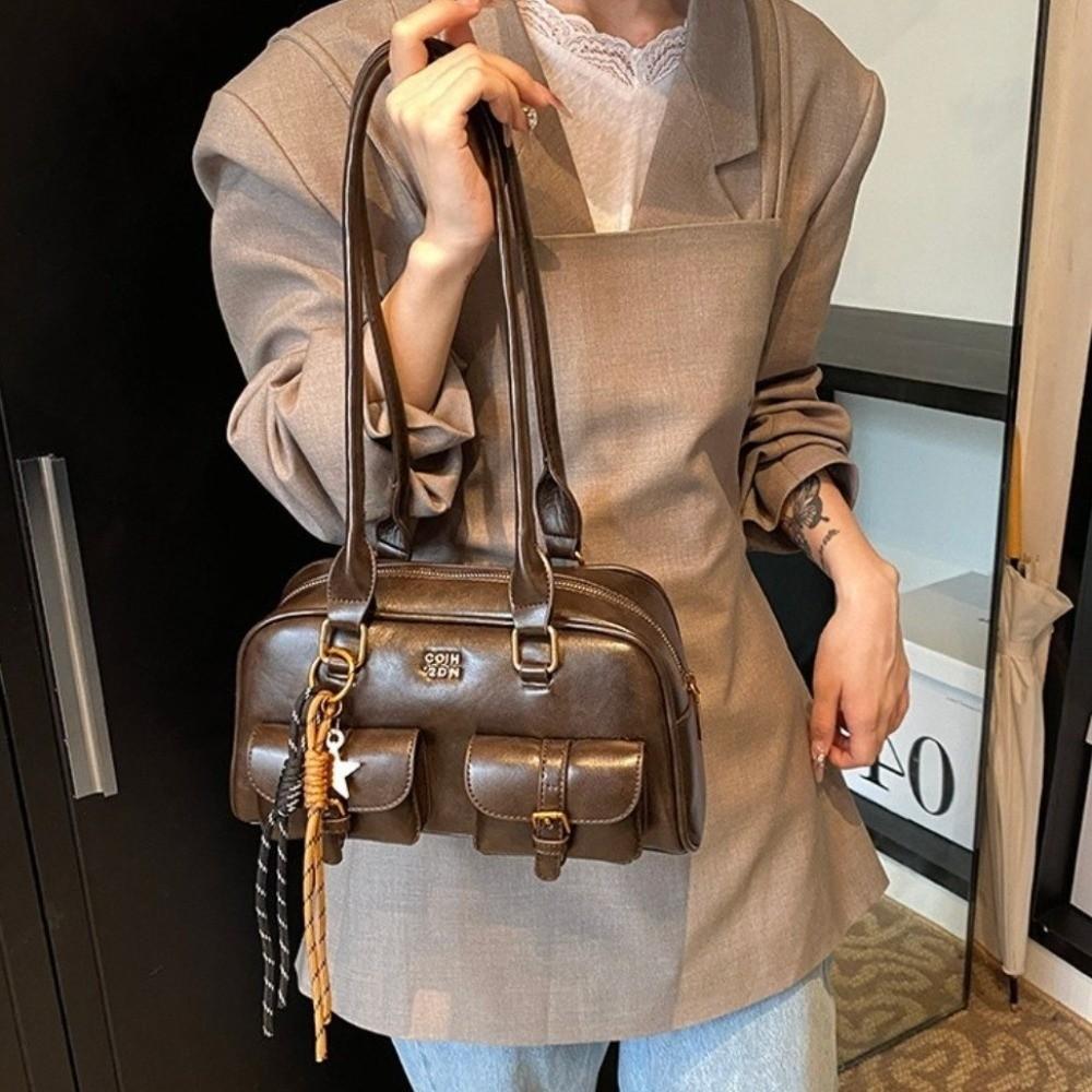 Solid Color Bowling Bag PU Leather Hobo Bag Portable Leather Shoulder Bag  Children