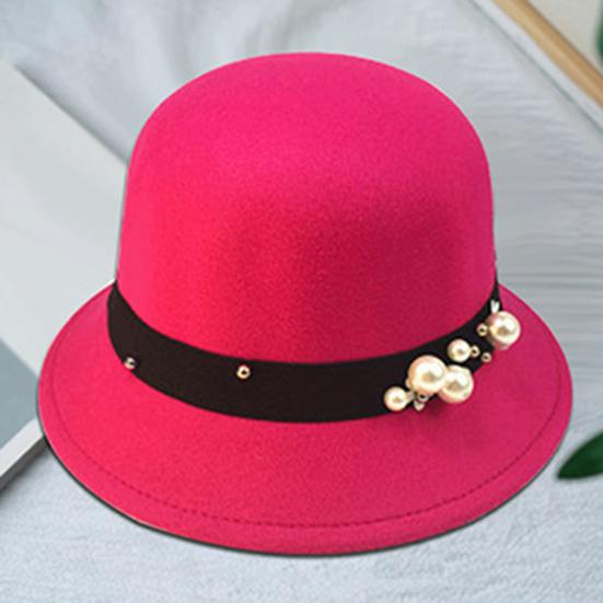 Top Hat British Style Faux Pearl Decor Down Brim Sunshading Round Top Decorate Retro Vintage Women Cloche Hat for Church
