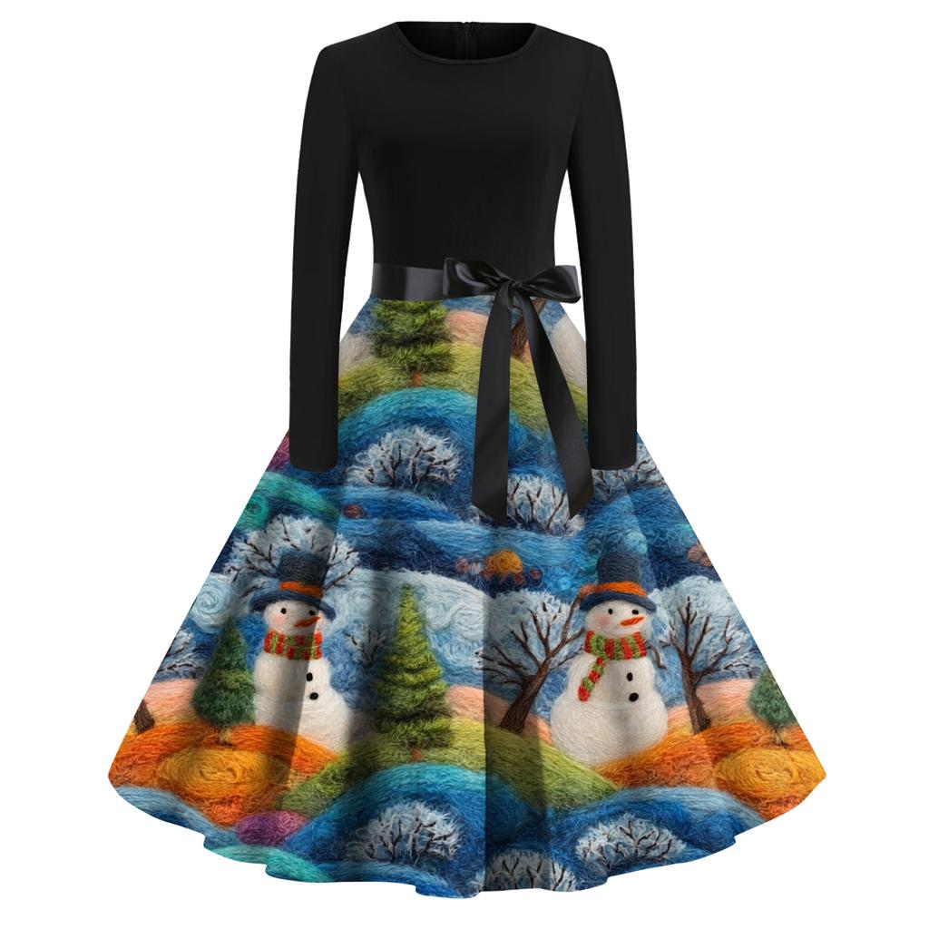 Women's Fashion Casual Round Neck Christmas Print Long Sleeve Dress