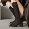 Korean version of large size elastic suede tall boots comfortable solid color rubber sole medium heel autumn and winter round head square heel