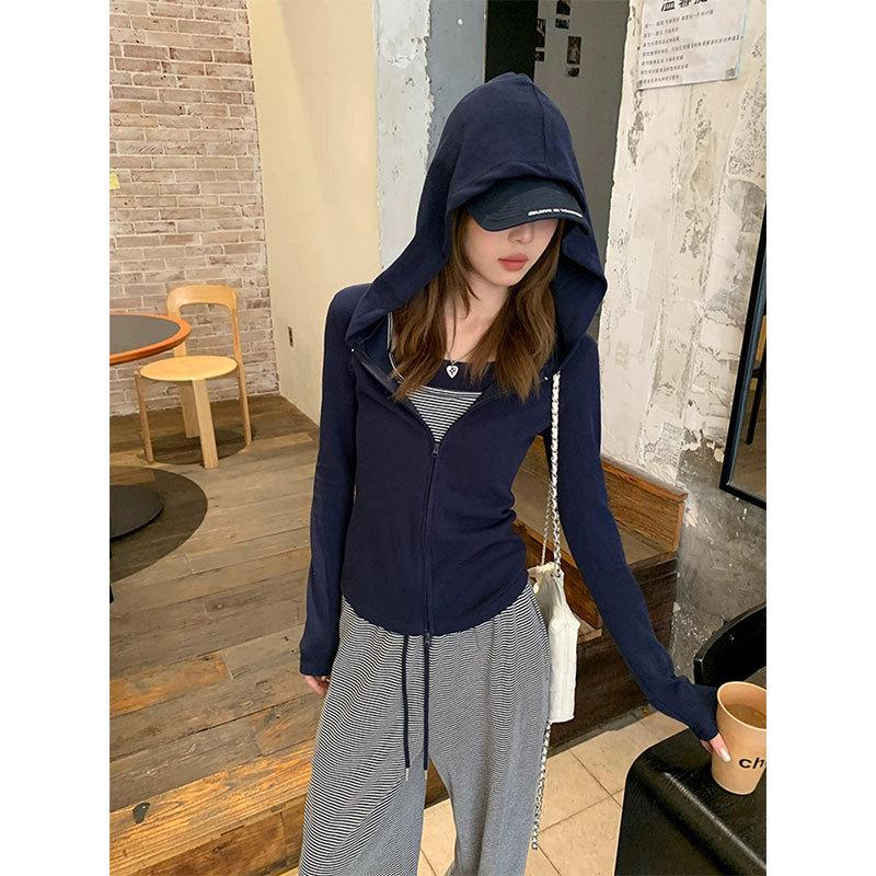 Korean Retro Double Zipper Hooded Sweatshirt Jacket - Women's Slim Fit Long Sleeve Autumn Top