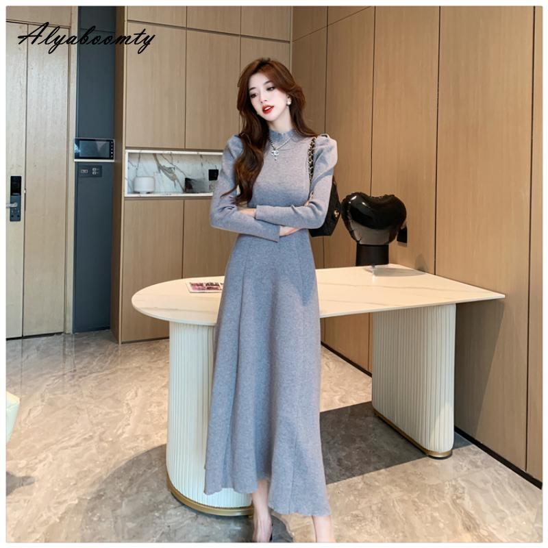 Francuski styl jesienno-zimowa damska sweter Midi sukienka pół kołnierzyk czarna szara morelowa kawa sukienka dziergana elegancka kobieca sukienka z dzianiny