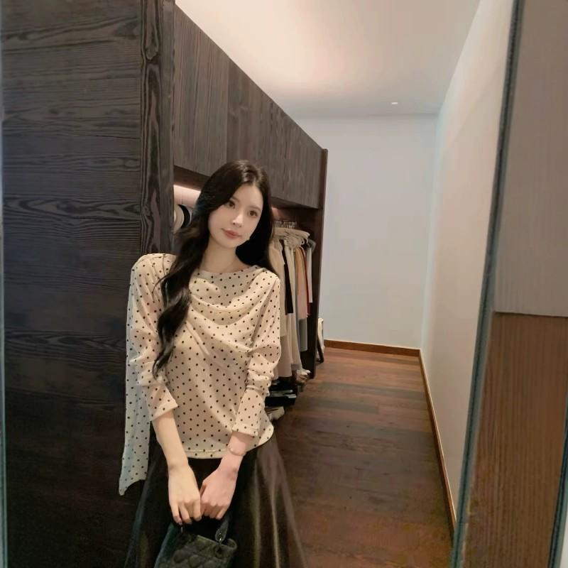Womens Long Sleeve Shirt Polka Dot Knit Deep V-neck Fall Casual Top Versatile Daily Wear