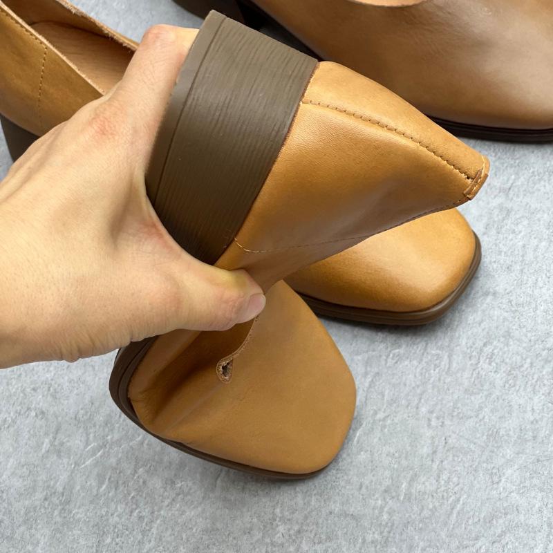 2024 Spring/Summer Retro Leather Chunky Heel Cowhide Women's Shoes - Medium Heel, Versatile, Handcrafted Casual