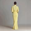 Women'S Yellow Pleated Waist Temperament Dress High Neck Long Dress