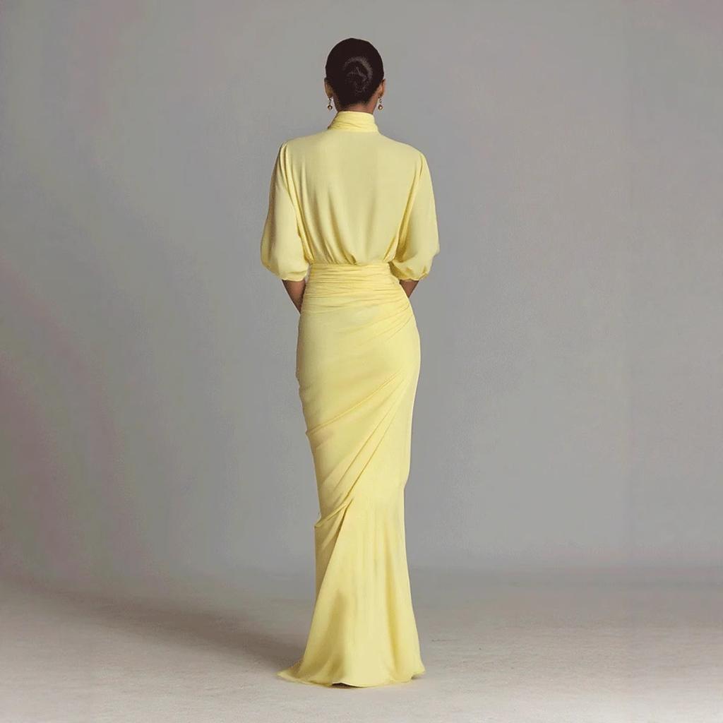 Women'S Yellow Pleated Waist Temperament Dress High Neck Long Dress