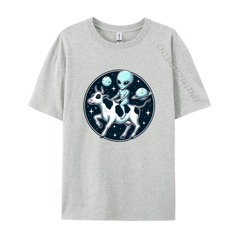 Alien Riding A Cow In Outer Space TShirt Graphic Tshirt Fitness Tight Tshirts Classic Cotton Men Casual