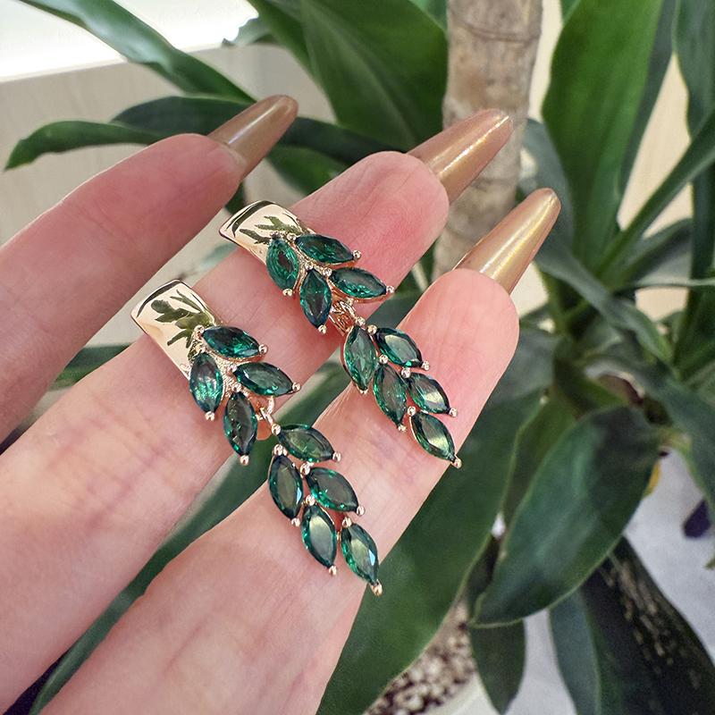 Green Leaf Zircon Dangle Earrings For Women Rose Gold Color Luxury Jewelry Gift Bride Wedding Earrings