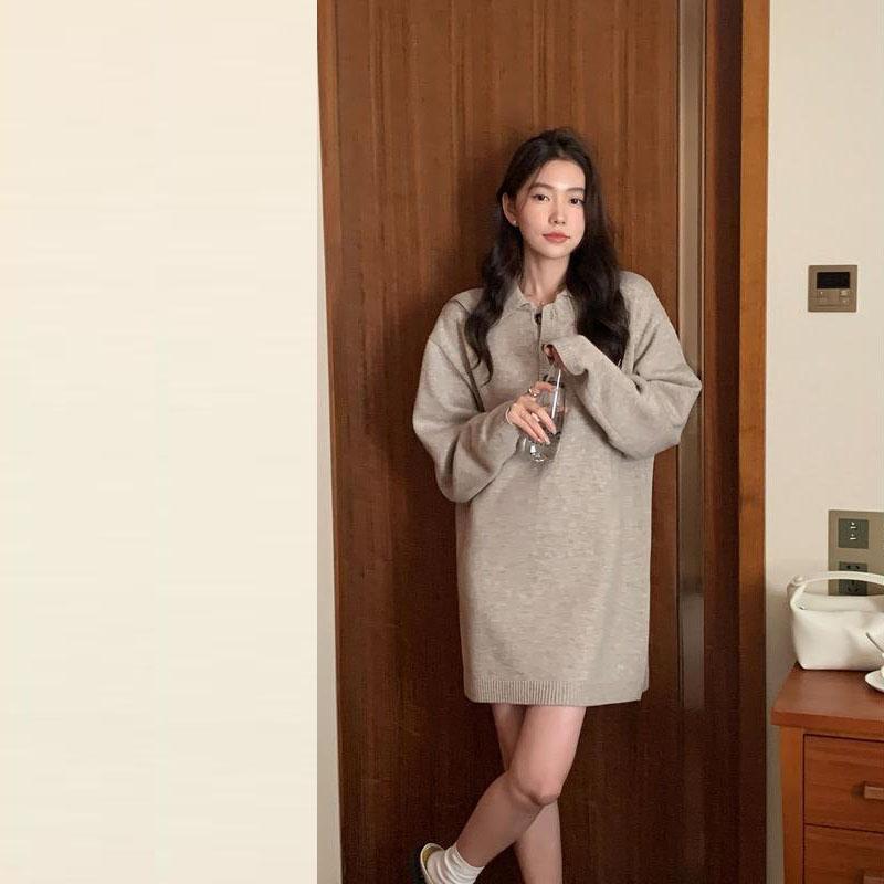 

Французский пуловер с воротником-поло и длинными рукавами, шерстяной женский осенне-зимний свободный свитер средней длины, женский пуловер высокого класса