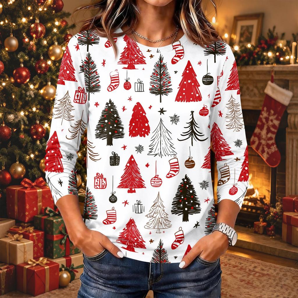 Women's Christmas Print Long Sleeve Neck Pullover Top