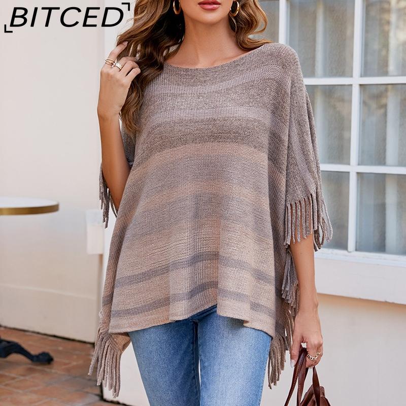 BITCED Off-Shoulder Fringe Shawl Women's Autumn Color-Block Striped Cape Coat