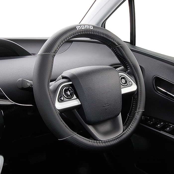 MOMO Carbon Steering Wheel Cover for Kei Compact and Size S BLACK with White MOMO Cars, Cars, Minivans, (36.5-37.9cm) (MATTE CARBON-WHITE logo)