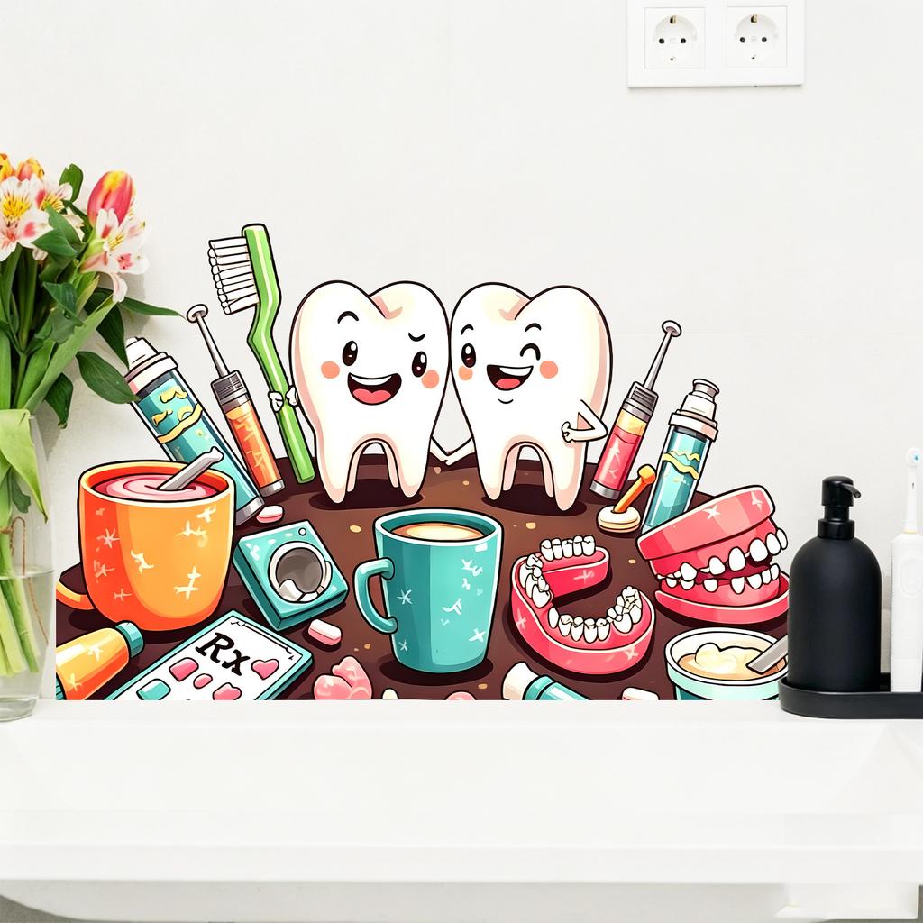 Cute Tooth Smile Dental Tool Wall Sticker Self Adhesive Removable Kids Dentist Clinic Room Decor