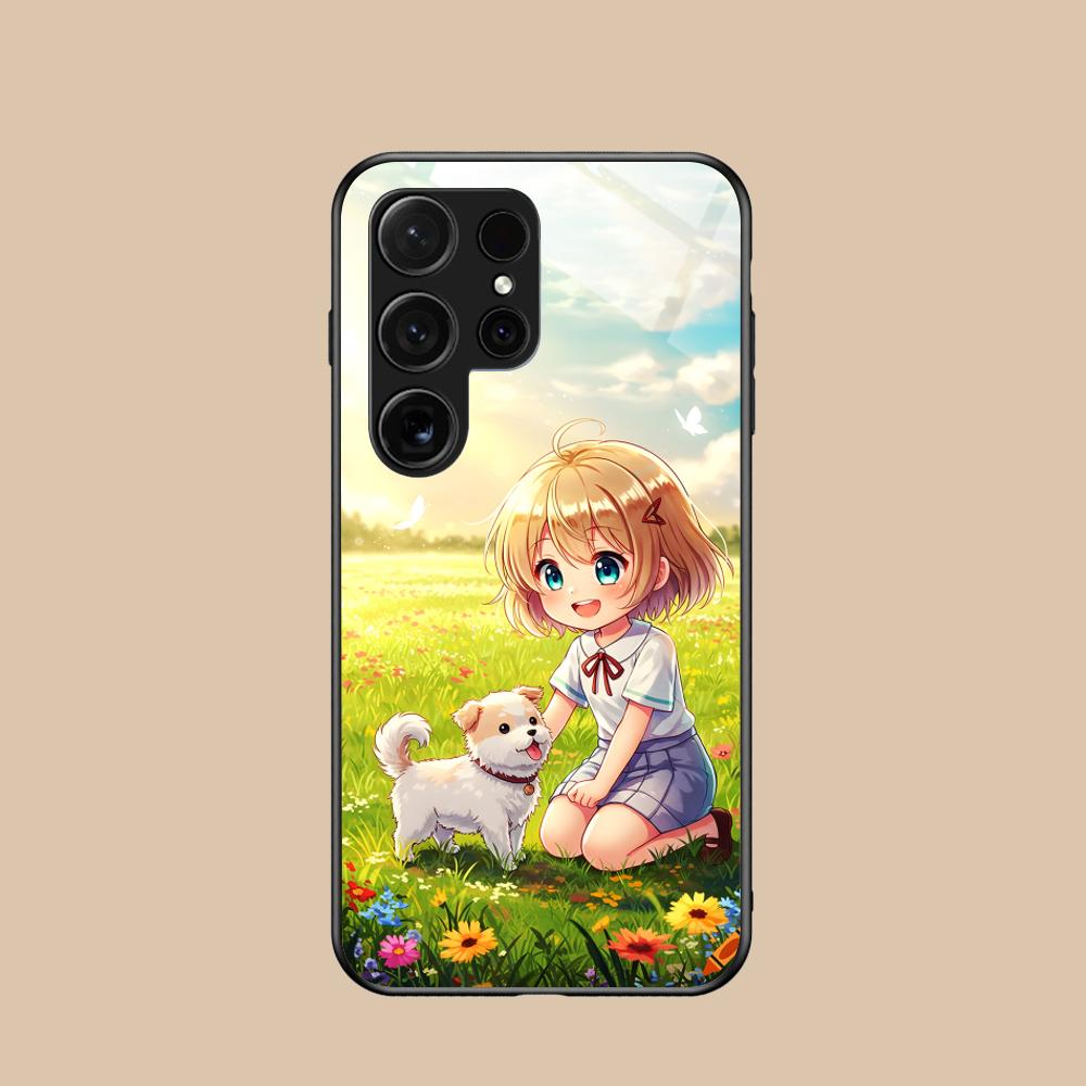 Girl Dog Puppy Glass Mobile Phone Case for Samsung Galaxy A56 55 54 53 52 51 36 35 34 23 16 15 5G Colorful Cover