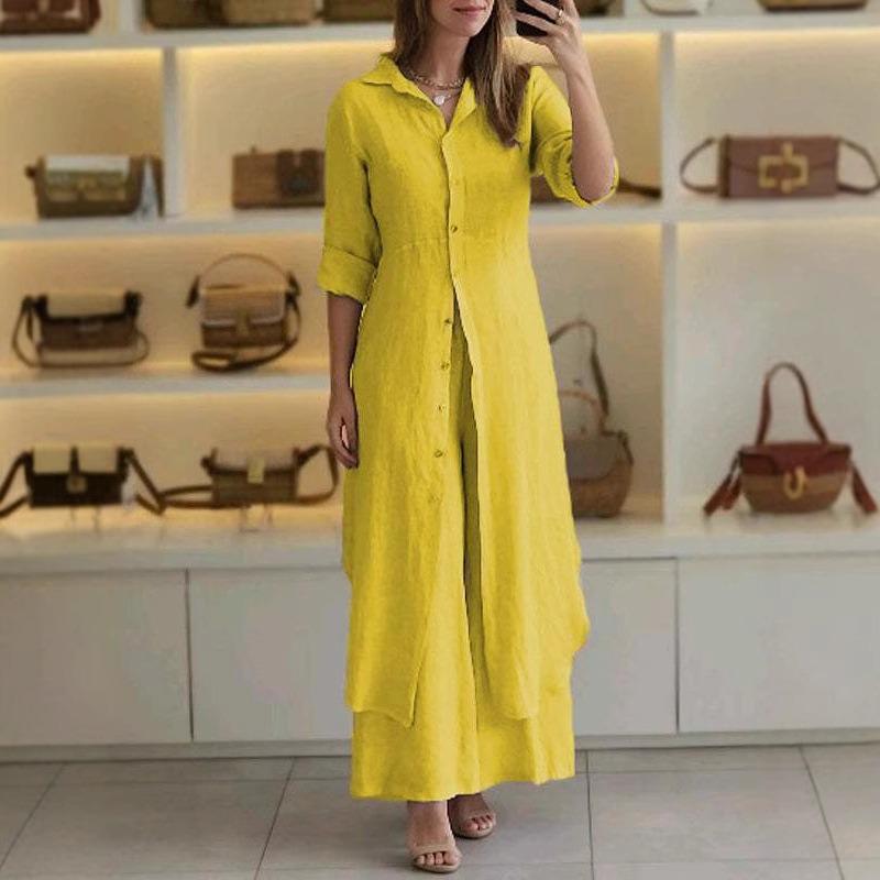 European and American Women's Clothing New Summer and Autumn Urban Elegance Cotton and Linen Slim Waist Long-sleeved Shirt Wide-leg Pants Suit Women
