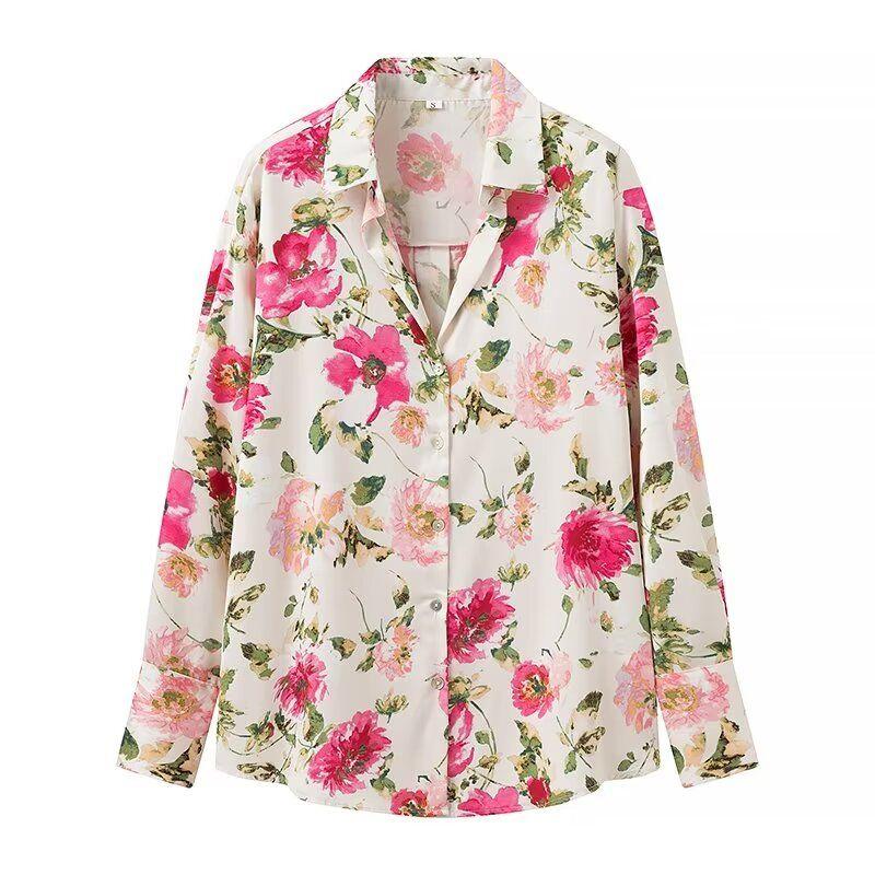 Kaslead New Arrival Women's Fashion Style Fashion Casual Flower Print Silk Textured Shirt 7969235