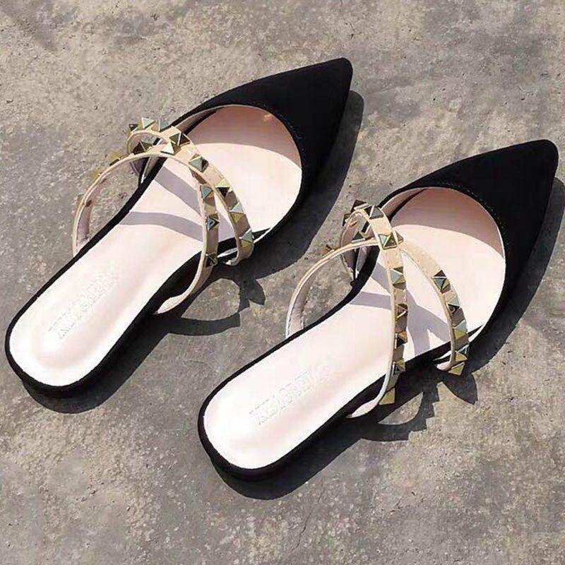 Internet Celebrity Cool Slippers Women's Wear 2021 New Spring and Summer Fashion Bag Head Half Drag Versatile Rivet Pointed Flat Shoes