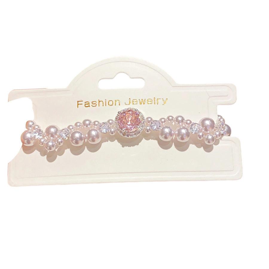 French Vintage Inspired Zircon And Pearl Beaded Wristband With Geometric Design For Women