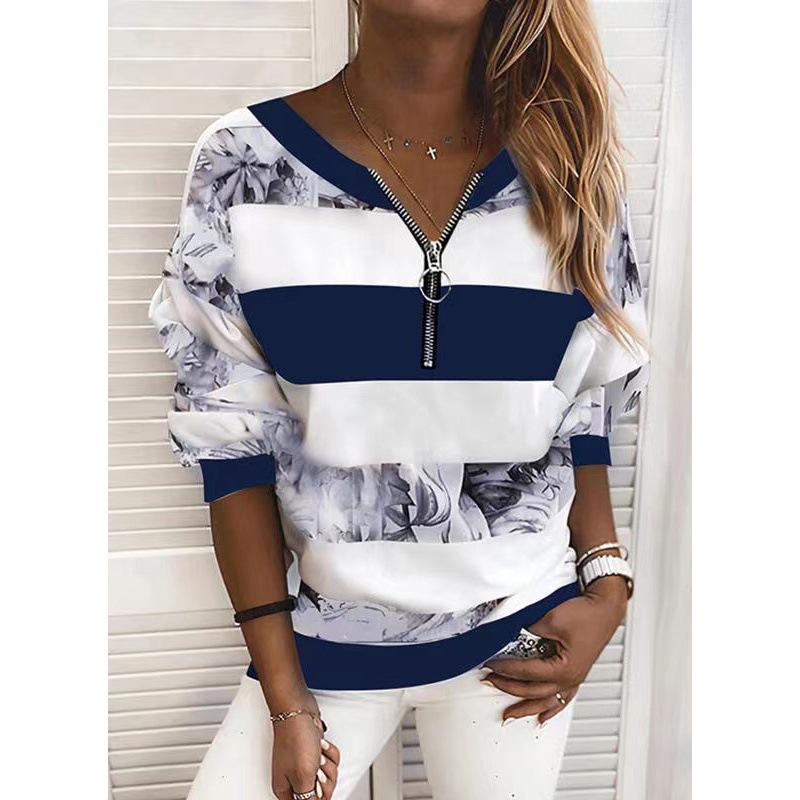 2021 Spring & Autumn Women's Striped Zipper T-shirt - Digital Print Casual Top