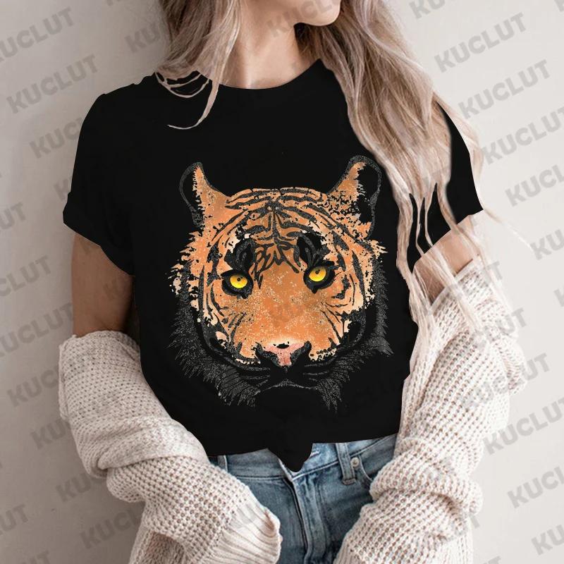 Kortärmad Vardaglig Dammode T-shirt för Kvinnor Tropisk Djungel Vintage Grafisk T-shirt Dam Grunge Tigermönster Sommar T-kläder