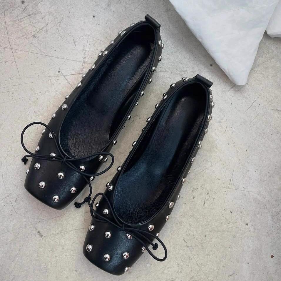 Sheepskin Version~ French Square Head Rivet Design Bow Thick Heel Light Mouth Mary Jane Sandals 25 Years Summer Shoes