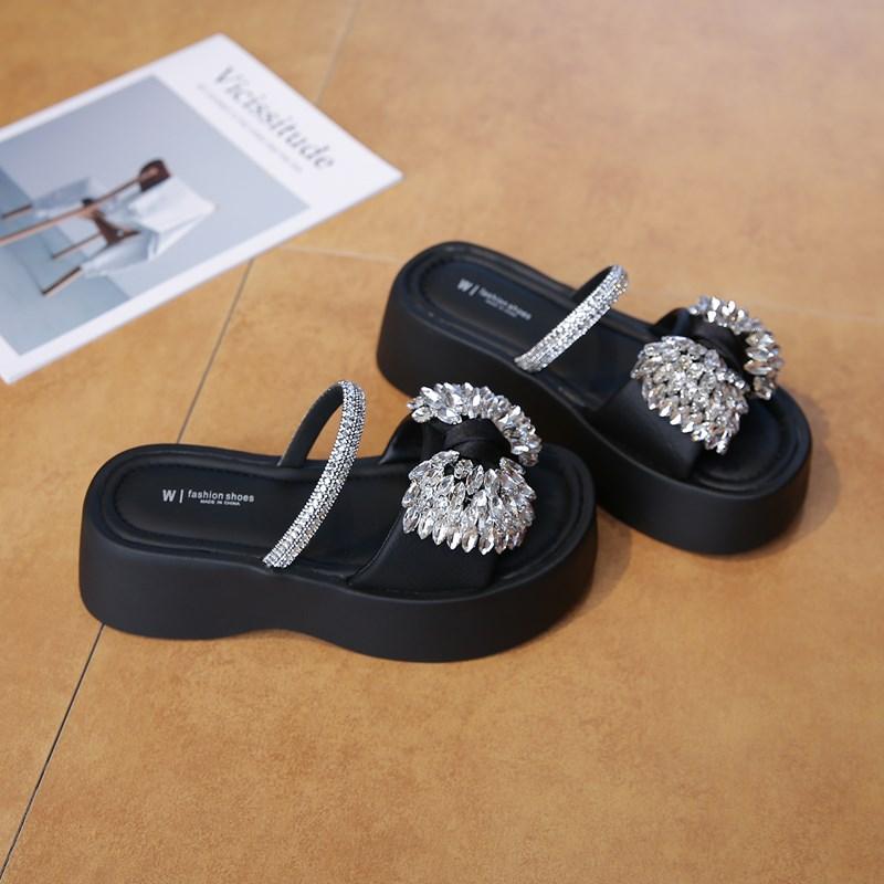 CRLAYDK Women's Slippers Strap Rhinestone Sandals Slip On Outdoor Summer Ladies Platform Shoes Walking Casual Travel Slides