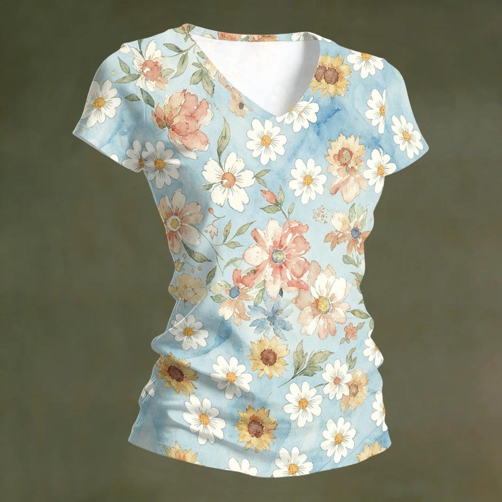 Women Casual V Neck Short Sleeve Floral Print T Shirt Lightweight Soft Fabric Summer Top for Everyday Wear