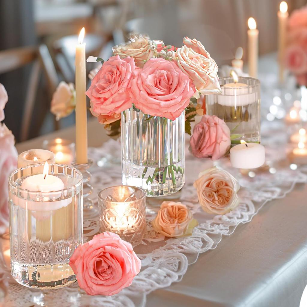 2PCS Clear Ribbed Bud Glass Cylinder Flower Vases for Centerpieces Weeding Decoration Hurricane Candle Holder for Party Home Decor