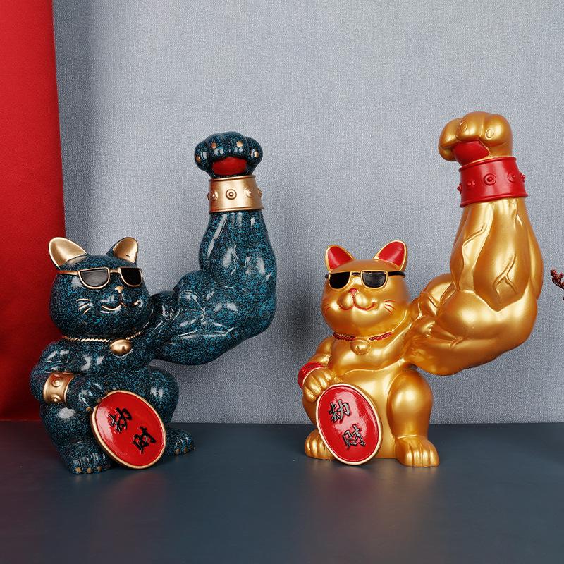 Creative Lucky Cat Decorative Ornaments Muscle Cat Animal Statue Resin Table Small Ornaments Living Room Home Decoration Modern