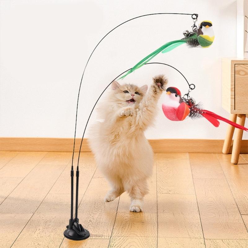 Cats Play Teaser Toy Station With Double Rod Feathered Swirls Colorful Birds Accessories And Suction Cup Mechanism Set