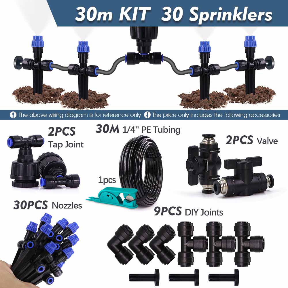 30/20m 1/4" Misting Cooling System 180° Adjustable Atomizer Filter Kit for Garden Irrigation Watering 4/6mm Quick Push Slip Lock