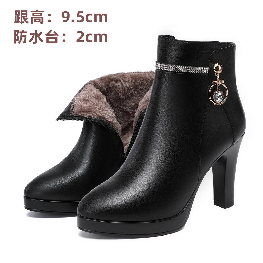 Botines de piel suave a la moda para mujer, tacones altos, zapatos con cremallera, botas de invierno cálidas de piel, plataforma, talla 34-41