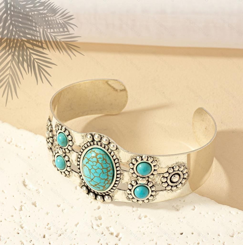 Vintage Court Style Turquoise Bracelet Women's Japanese and Korean Ins Style Niche Sense Fashion Open Hand Jewelry