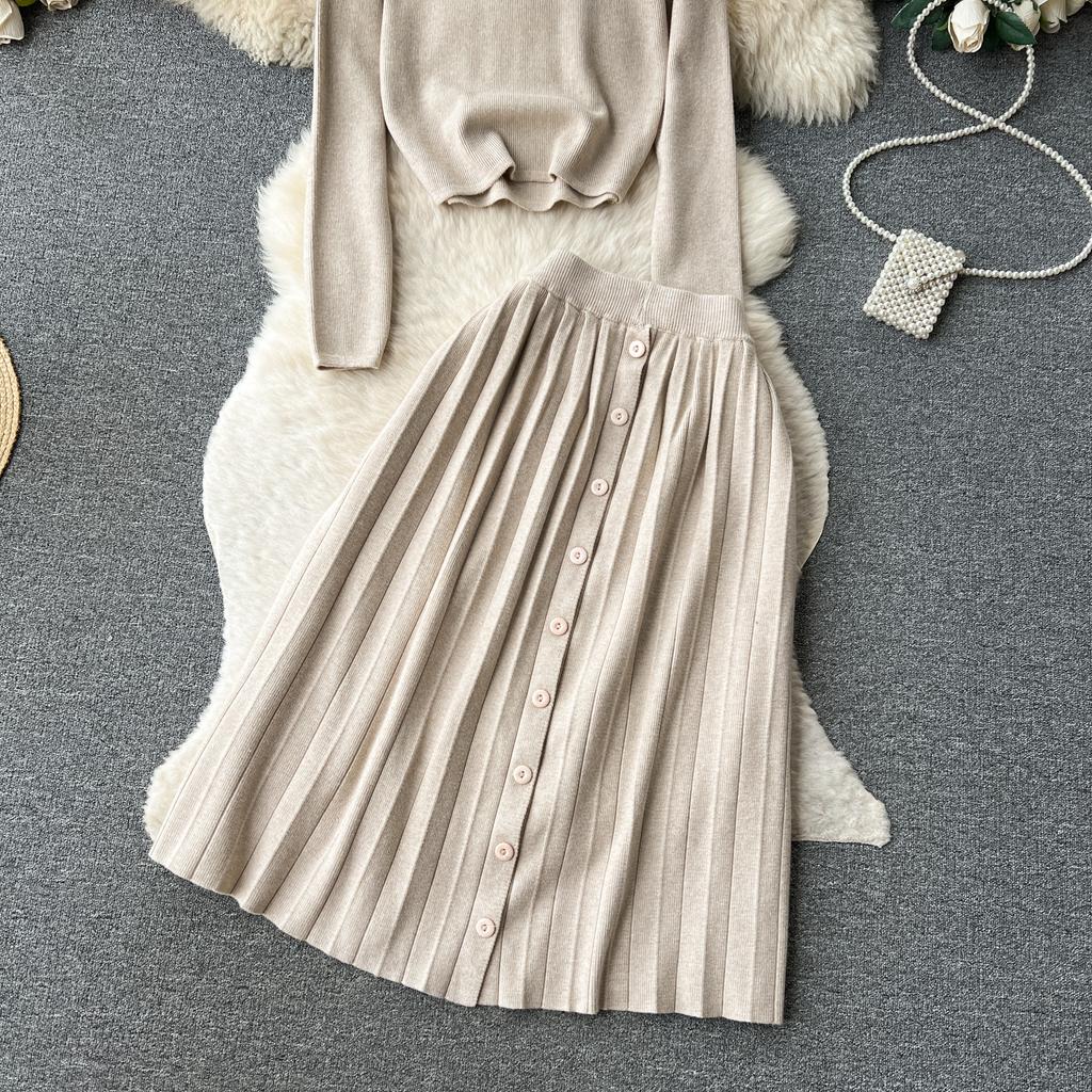 High-End-Lazy-Style-Strick-Fashionset-Damen-Zweiteiler-Anzug für Herbst und Winter, Rundhals-Oberteil + Faltenrock mit hoher Taille