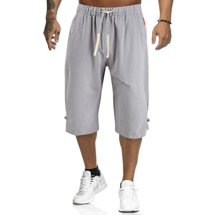 Summer Men's Casual Solid Color Shorts, Cotton and Linen Lace Up Leg Buckle Men's Pants