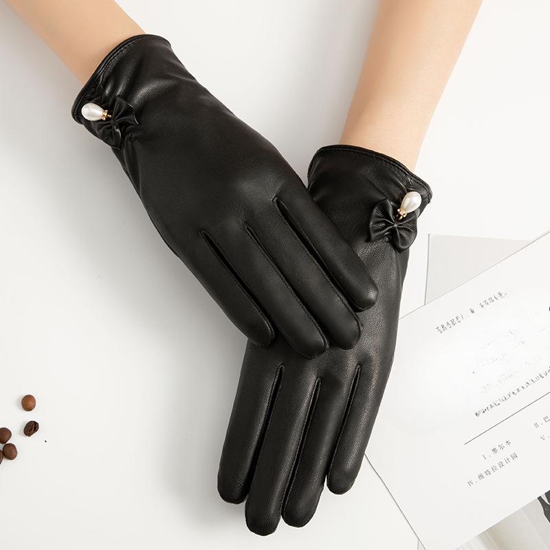 PU Leather Gloves for Women's Autumn and Winter Korean Version with Velvet Warm Windproof Waterproof Cold Riding Touch Screen