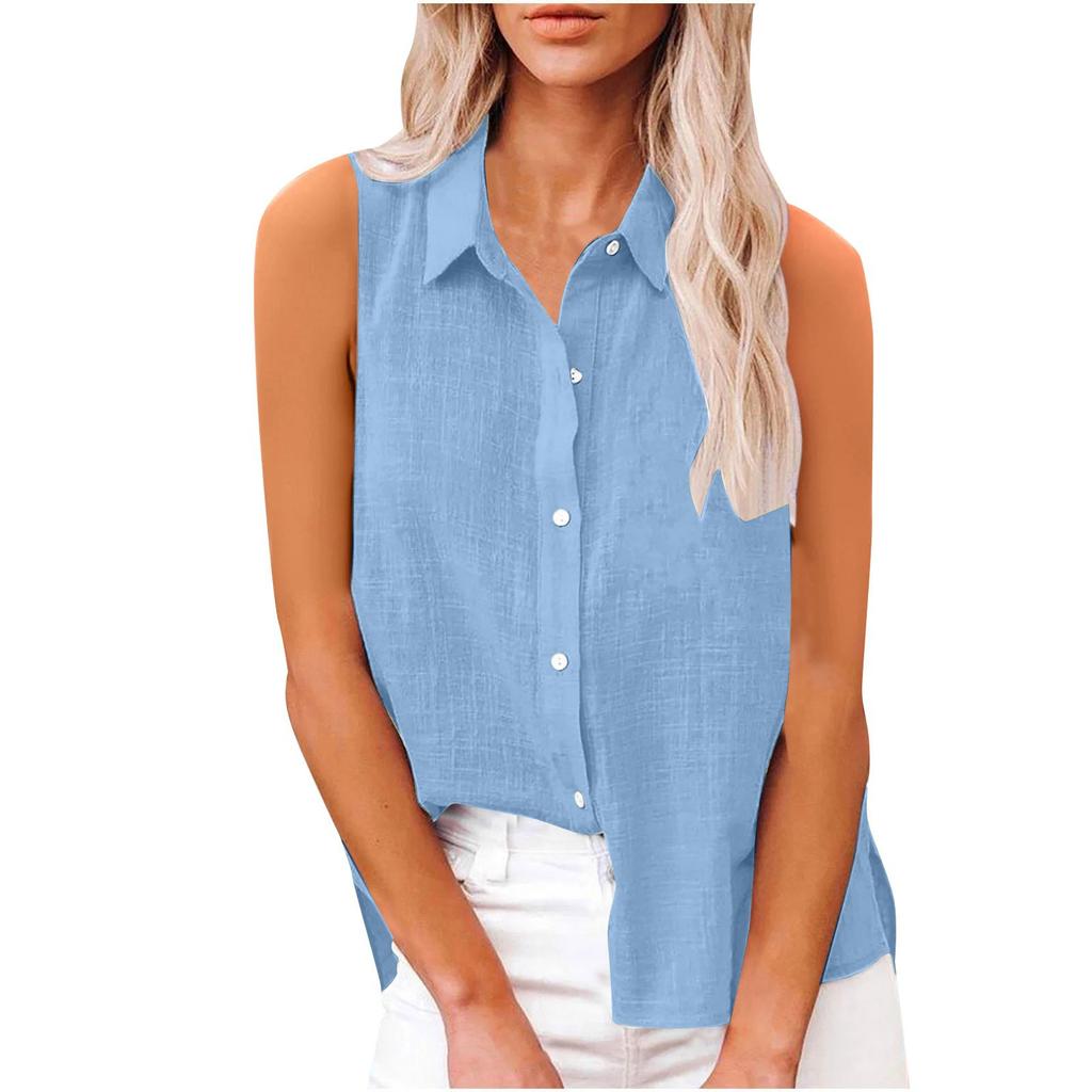 Women's Fashion Casual -Colour Sleeveless Cardigan Collar Cotton-Linen Button-Down Shirt T-Shirt Top
