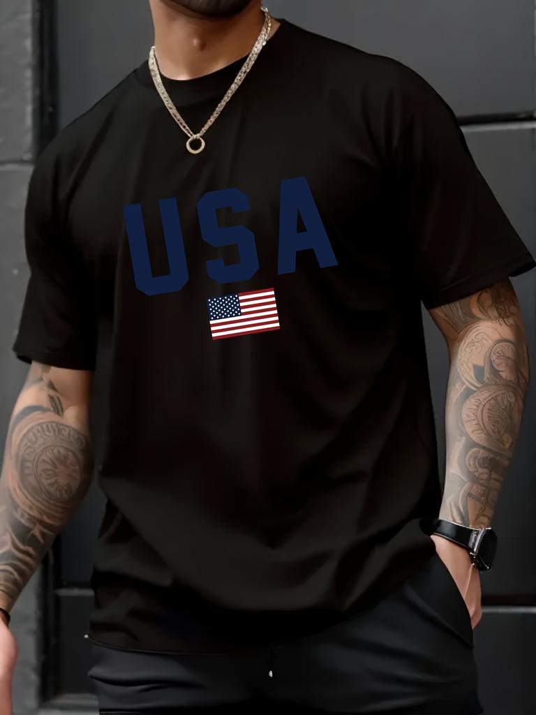 Pánské ležérní tričko s kulatým výstřihem a potiskem vlajky USA, pletenina, regular střih s krátkým rukávem