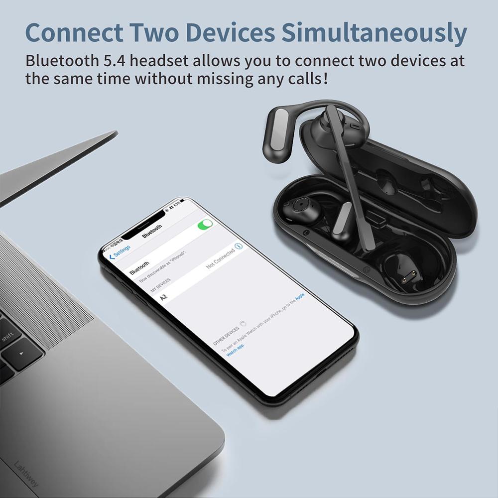 Open Ear Headphones with Boom Mic, Bluetooth 5.4 Wireless Headsets with Detachable Microphone, ENC Noise Cancelling, Mute Button