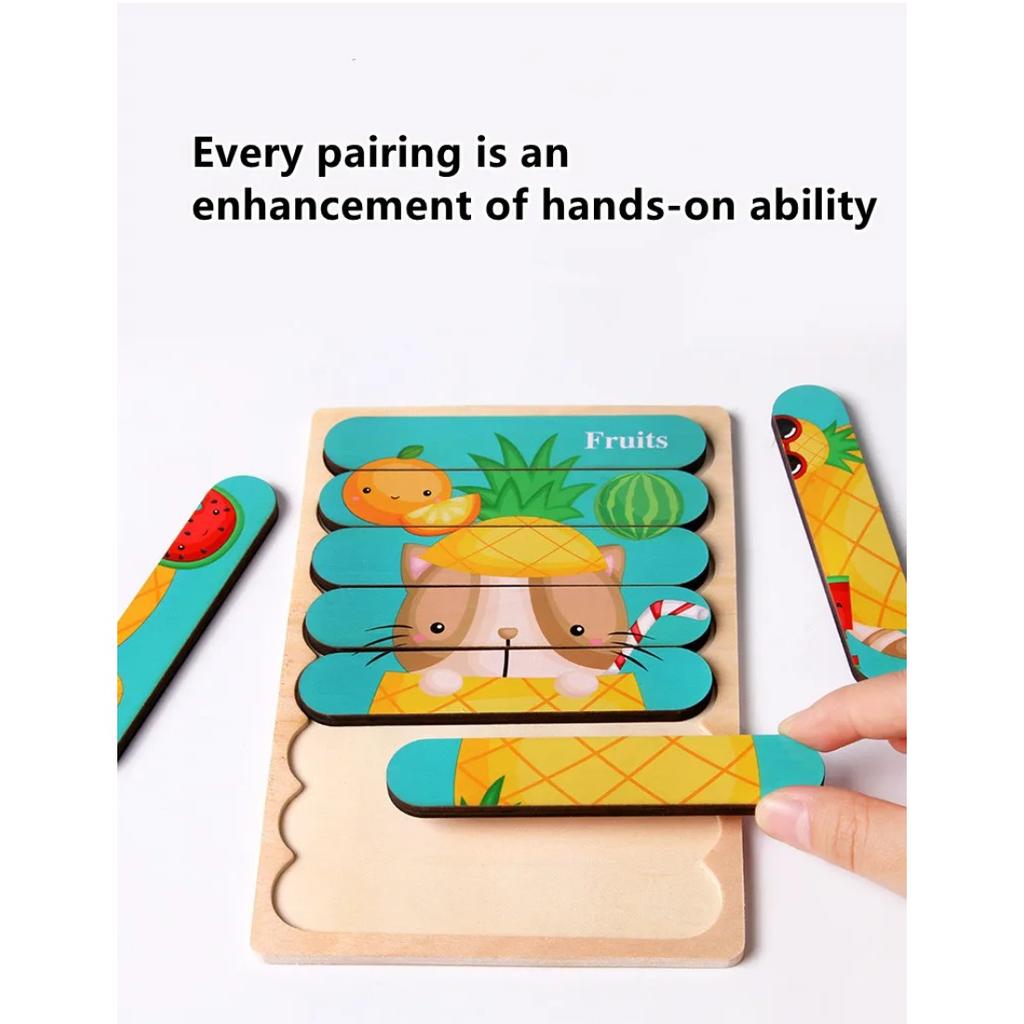 Kids New Wooden Two-sided Strip 3D Puzzles Wood Vehicle Fruit Jigsaw Puzzle Toy for Children Baby Learning Educational Toys Gift