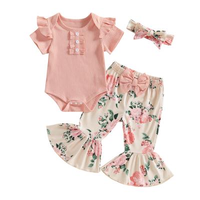 Baby Girls 3PCS Pants Sets Flying Sleeve O Neck Romper Floral Flared Pants Headband Sets