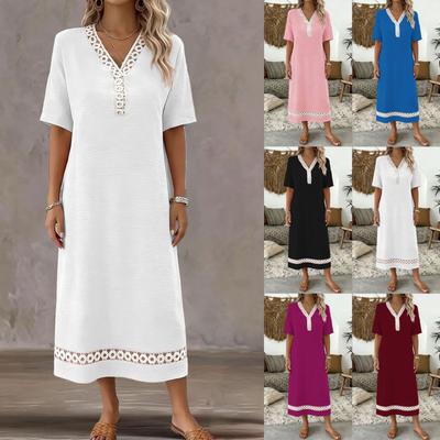 Vestido Midi Elegante para Mujer con Adorno de Encaje, Manga Corta, Escote en V, Ligero, Casual de Verano para Uso Diario