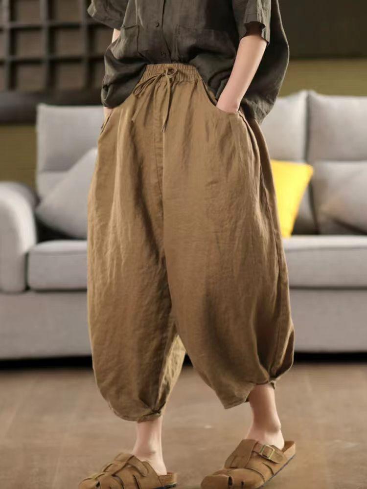 Johnature Women Harem Pants Elastic Waist Pockets Belt Trousers Summer Solid Color Loose Female Calf Length Pants