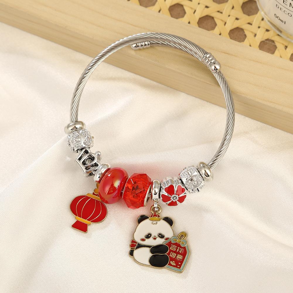 

Adjustable Panda Bead Bracelet Cute Cartoon Chinese Stainless Steel Open Bangle Jewelry for Women Girls Diameter 5.8cm